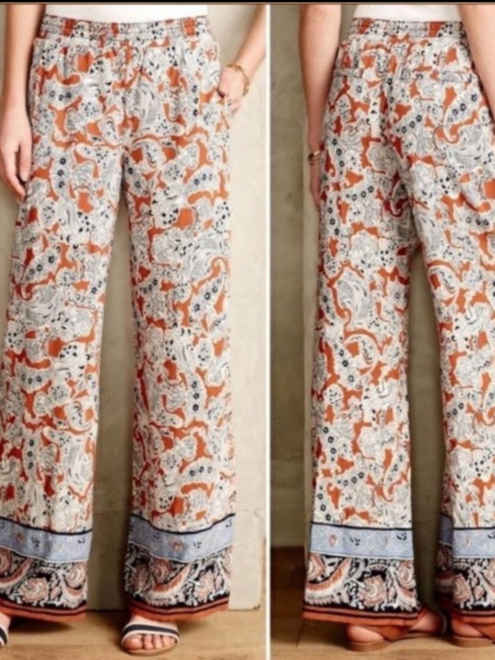 Anthropologie Hei Hei Orange Blue Paisley Wide Leg Casual Flowy Pants Size XS